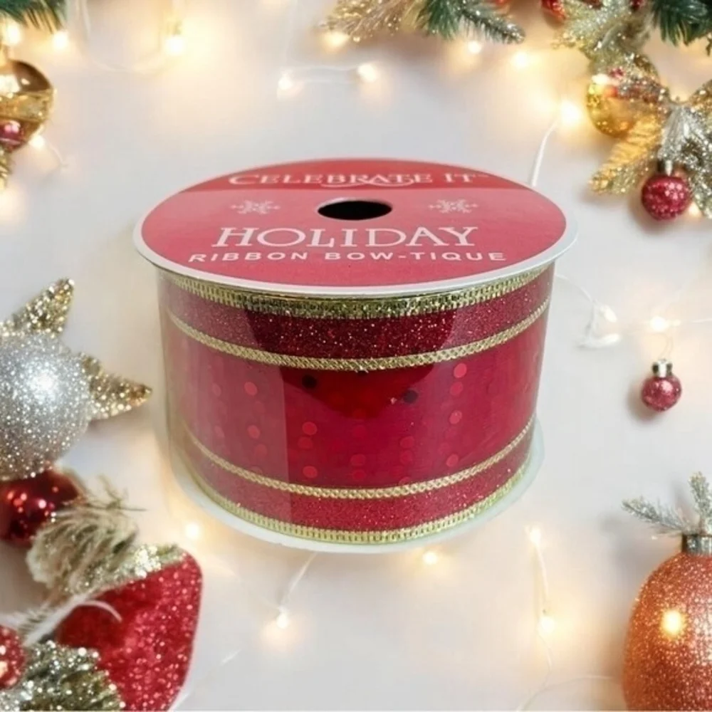 Celebrate It Red Gold Dot Wired Holiday Ribbon 2.5